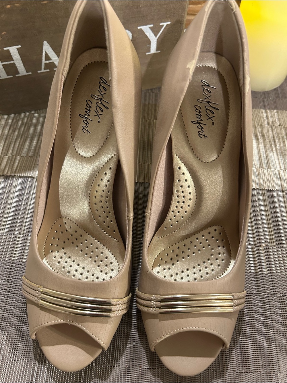 dexflex comfort Beige Open-Toe Heels with Gold Trim